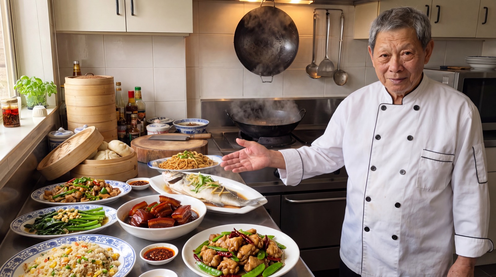 Lee Chi-hung presenting a spread of home-cooked Chinese dishes - steamed fish, red-braised pork, chicken with chillies, fried rice and greens